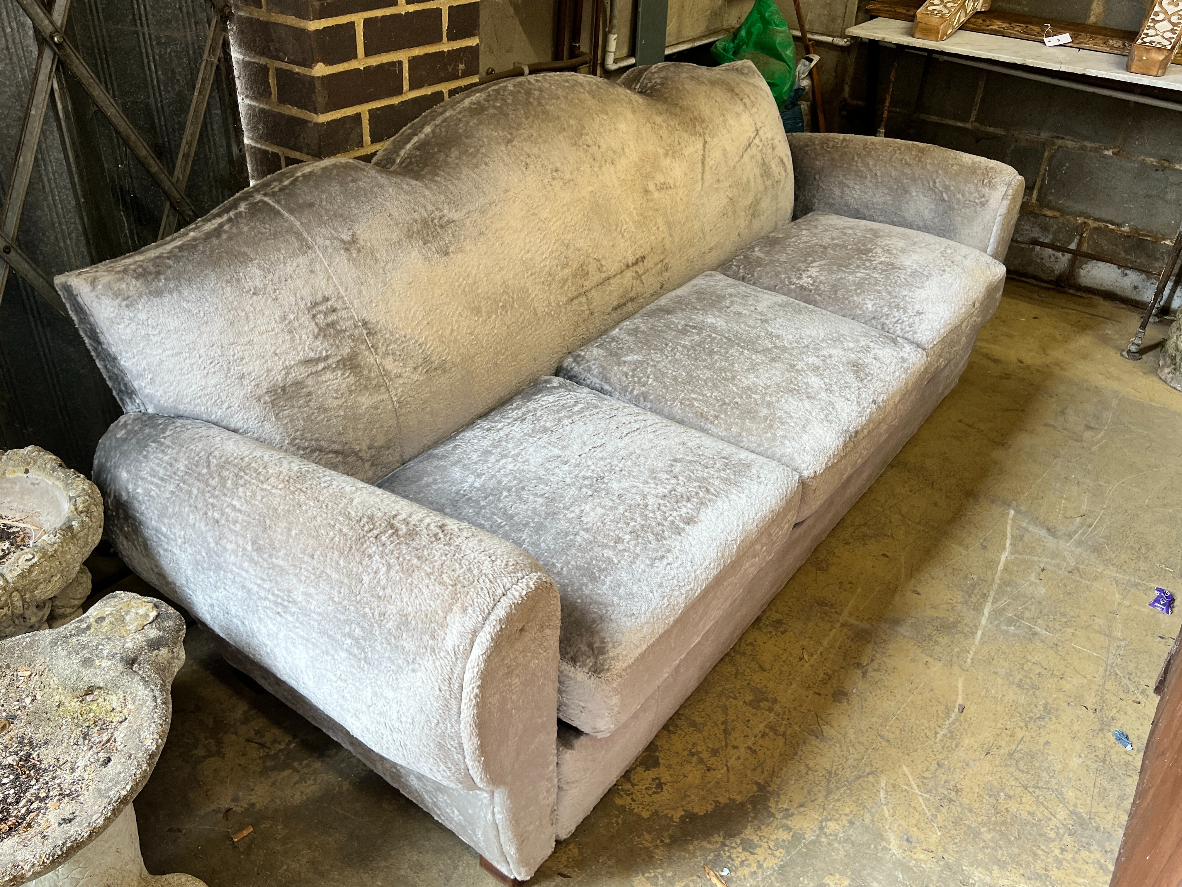 A French three seater sofa with shaped back, length 210cm, depth 84cm, height 76cm